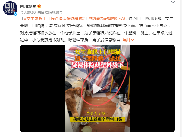 女生兼职上门喂猫遭恋踩癖骚扰